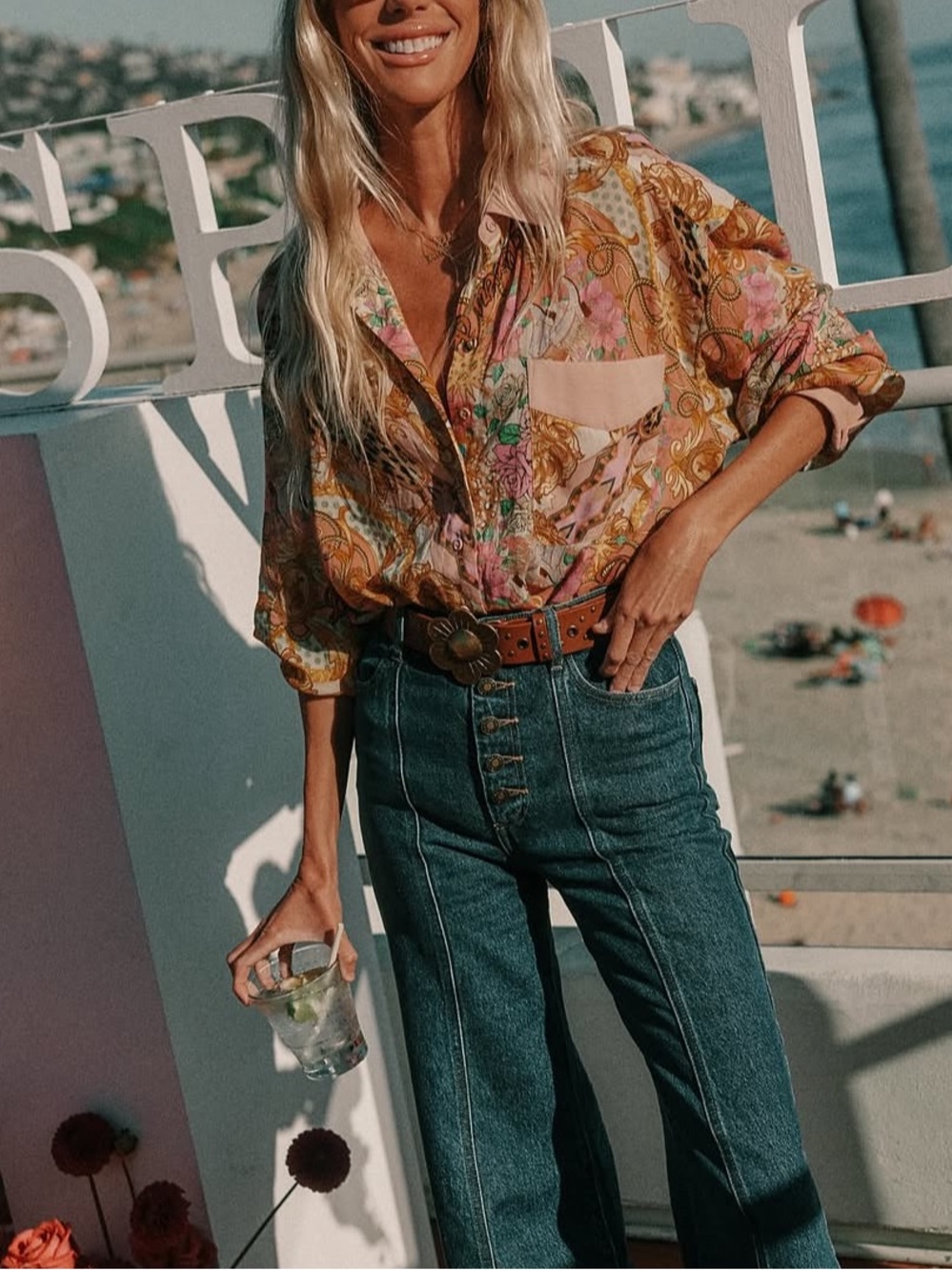 Spell Pink Floral & Gold Print Button-Front Blouse
